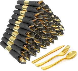 50 Pack Pre Rolled Rose Gold Plastic Silverware Set,Wrapped Plastic Cutlery Set With Napkin Include 50 Forks,50 Spoons,50 Knives And 50 Black Nap (Option: 60packblackgold)