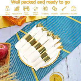 50 Pack Pre Rolled Rose Gold Plastic Silverware Set,Wrapped Plastic Cutlery Set With Napkin Include 50 Forks,50 Spoons,50 Knives And 50 Black Nap (Option: 50packwhitegold)