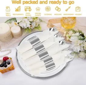 50 Pack Pre Rolled Rose Gold Plastic Silverware Set,Wrapped Plastic Cutlery Set With Napkin Include 50 Forks,50 Spoons,50 Knives And 50 Black Nap (Option: 50packWhiteSilver)