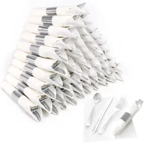 50 Pack Pre Rolled Rose Gold Plastic Silverware Set,Wrapped Plastic Cutlery Set With Napkin Include 50 Forks,50 Spoons,50 Knives And 50 Black Nap (Option: 60packWhiteSilver)