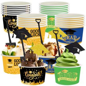 24Pieces Graduation Ice Cream Cups With Decorative Picks And Spoons Set Congrats Grad Disposable Dessert Bowls For Hot Or Cold Food 8 Oz Graduati (Option: 1set)