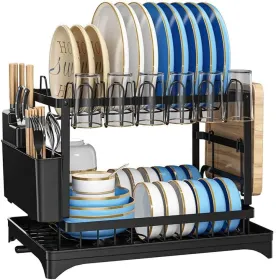 Multifunctional Dish Rack, Rustproof Kitchen Dish Drying Rack With Drainboard, Space-Saving 2-Tier Dish Drying Rack With A Large Capacity For Kit (Option: Black)