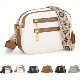 Handmade Women's Multi-Compartment Crossbody Bag & Wallet With Adjustable Strap, Golden-Tone Hardware, Zipper Closure - Premium Second-Layer Leat (Option: White)