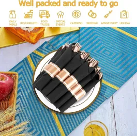 50 Pack Pre Rolled Rose Gold Plastic Silverware Set,Wrapped Plastic Cutlery Set With Napkin Include 50 Forks,50 Spoons,50 Knives And 50 Black Nap (Option: 75packblackgold)